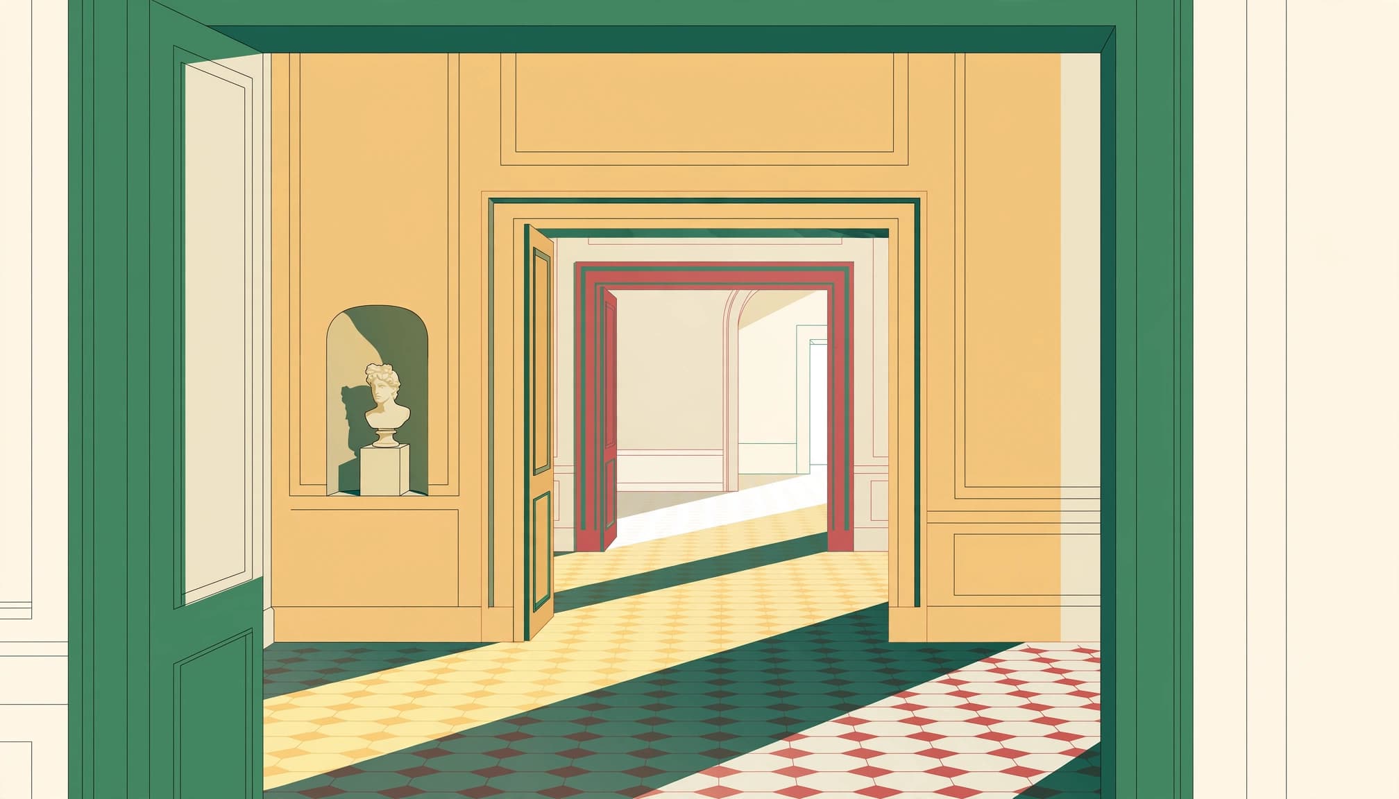 An illustration of a museum interior viewed through a sequence of nested doorways.
