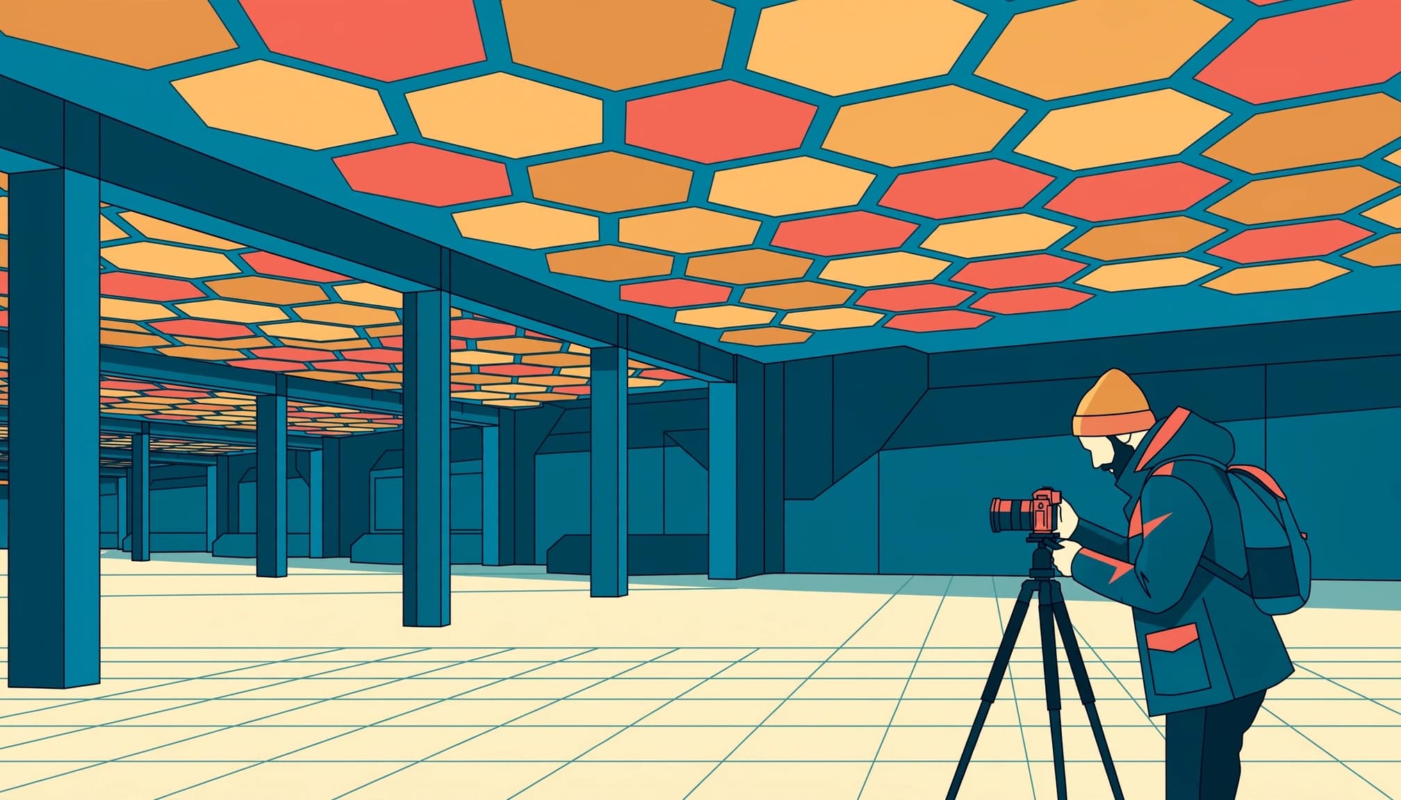 A flat illustration of a photographer with a tripod in a modern station with a honeycomb ceiling.
