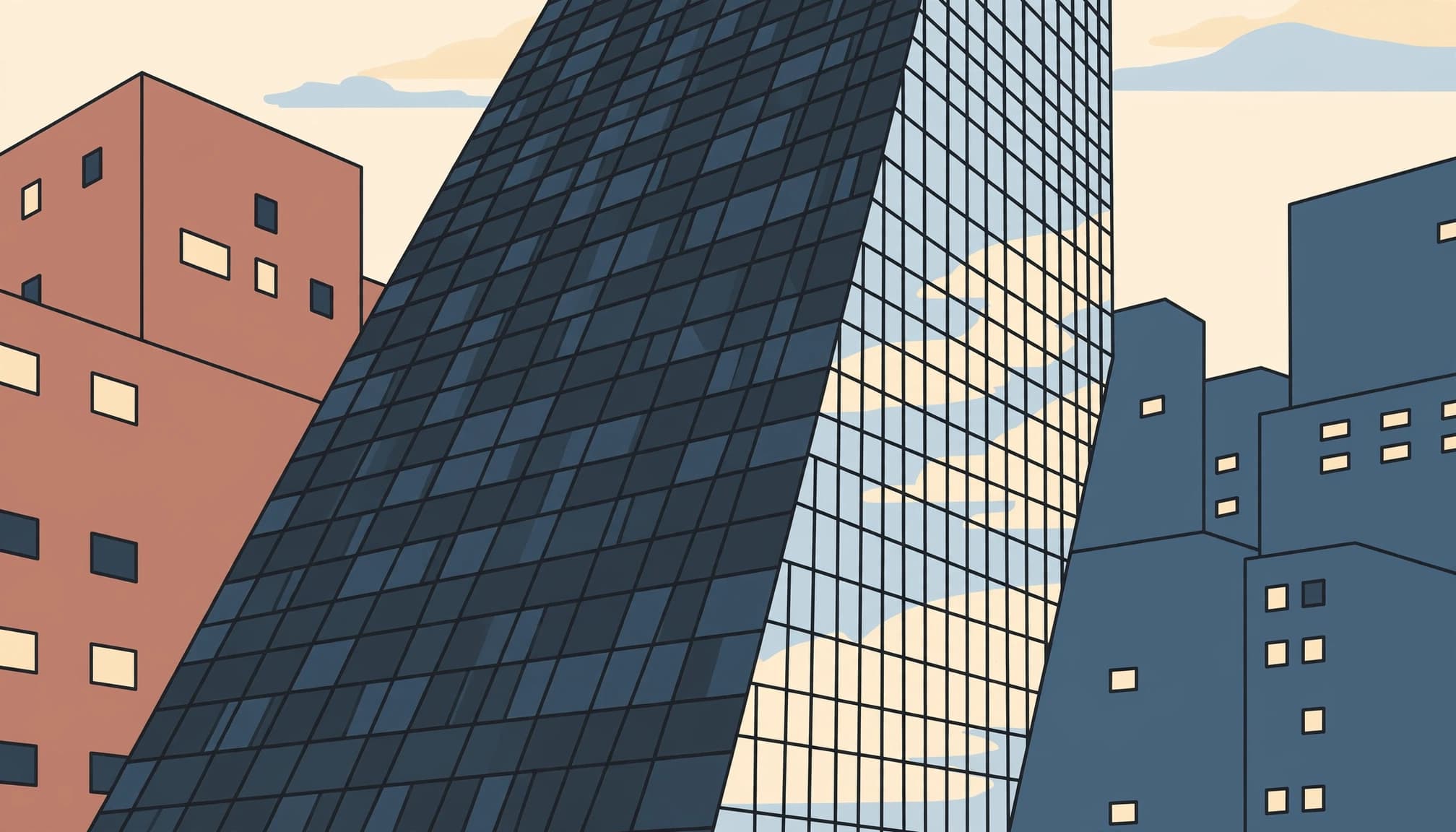 A diagonal glass tower shows a narrow sky reflection and darker windows.