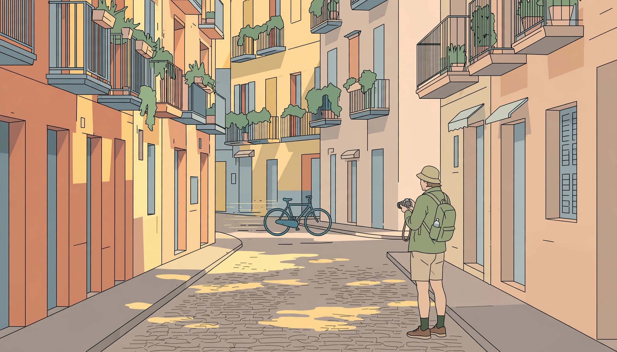 An illustrated tourist with a camera and backpack stands in a narrow European street with a bicycle in the background.