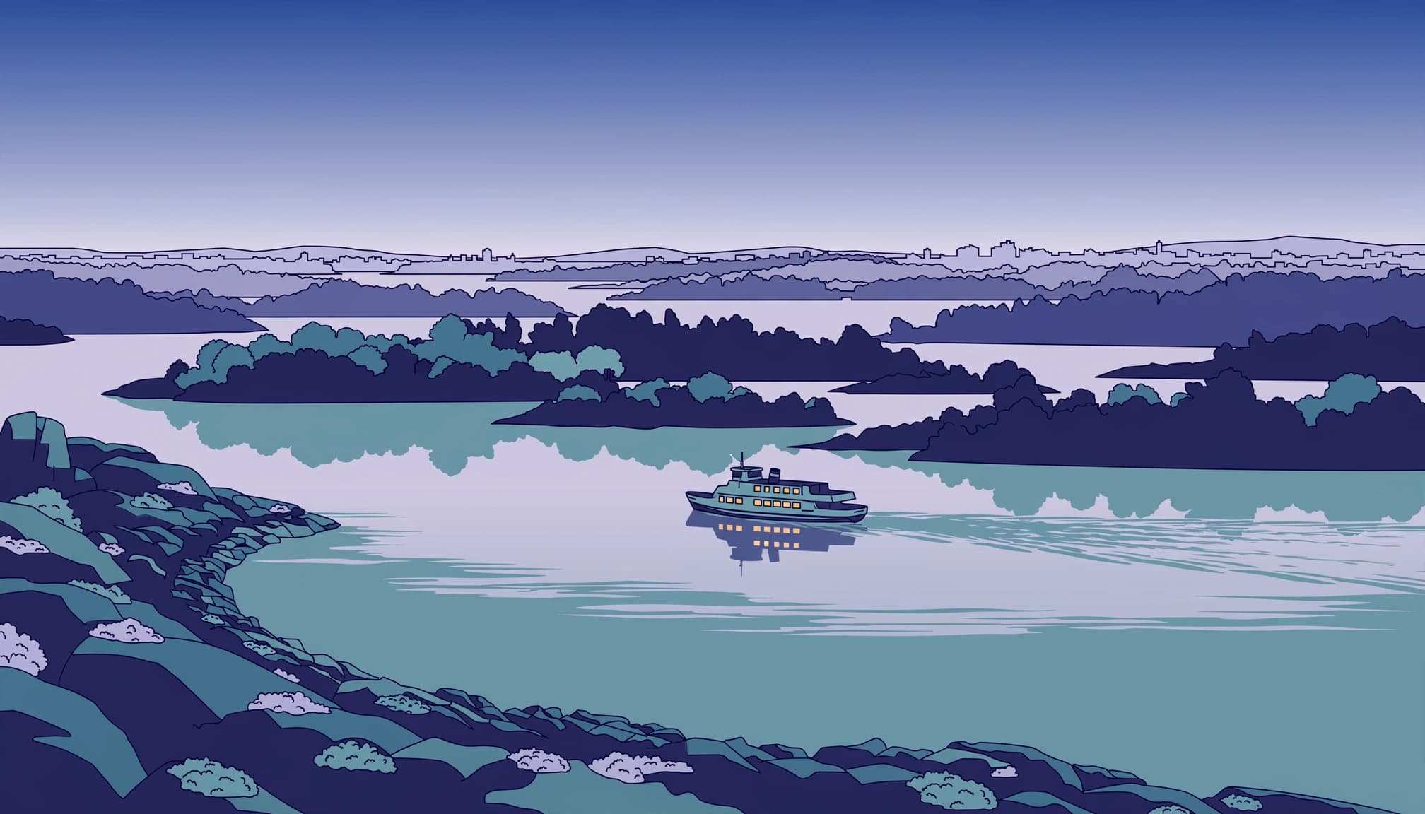 A ferry crosses calm water before wooded islands and Oslo's distant skyline at dusk.