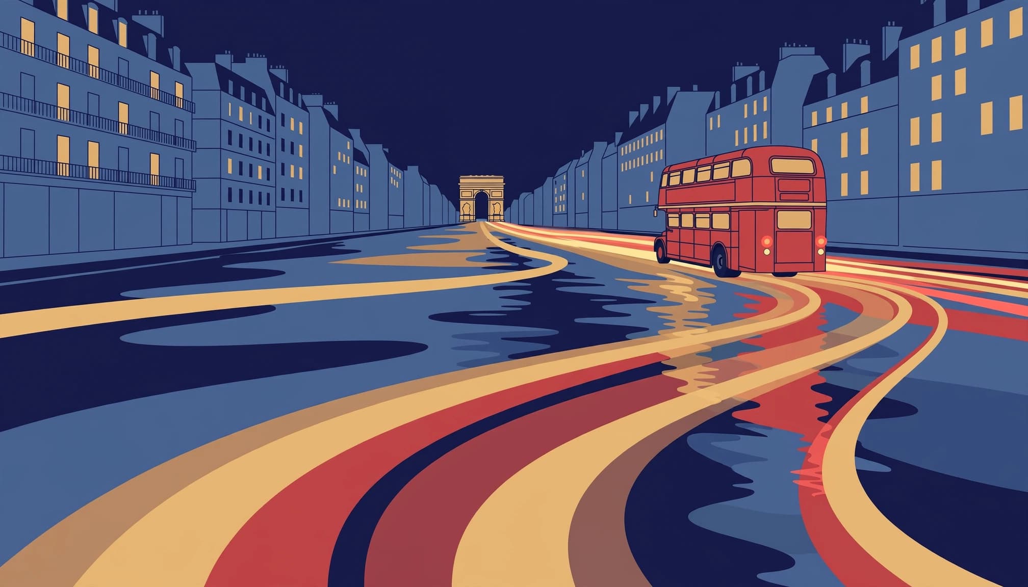 A double-decker bus passes Parisian buildings as warm lights reflect on wet pavement.