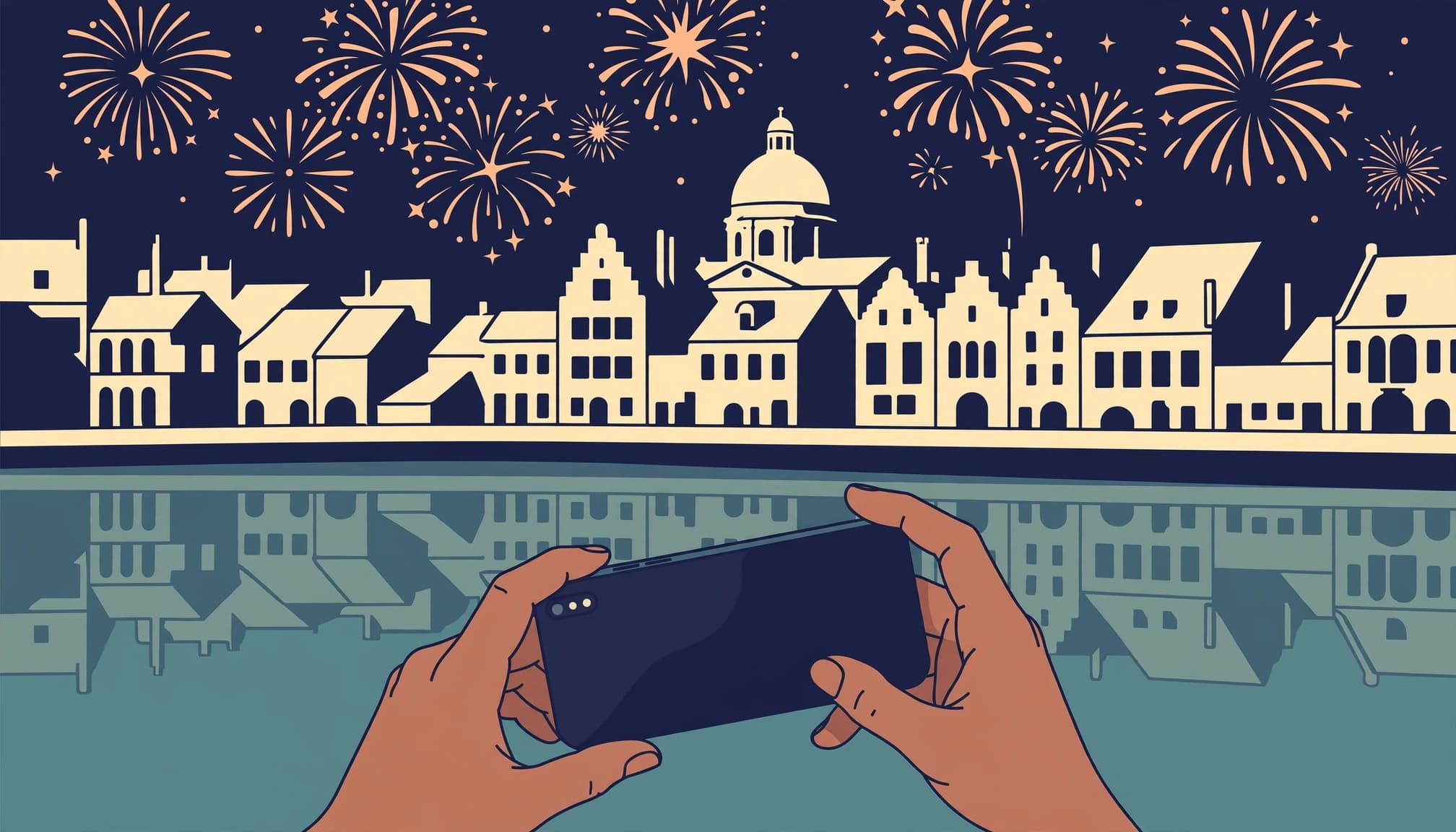 An illustration of hands holding a smartphone to photograph fireworks over a city skyline and water.