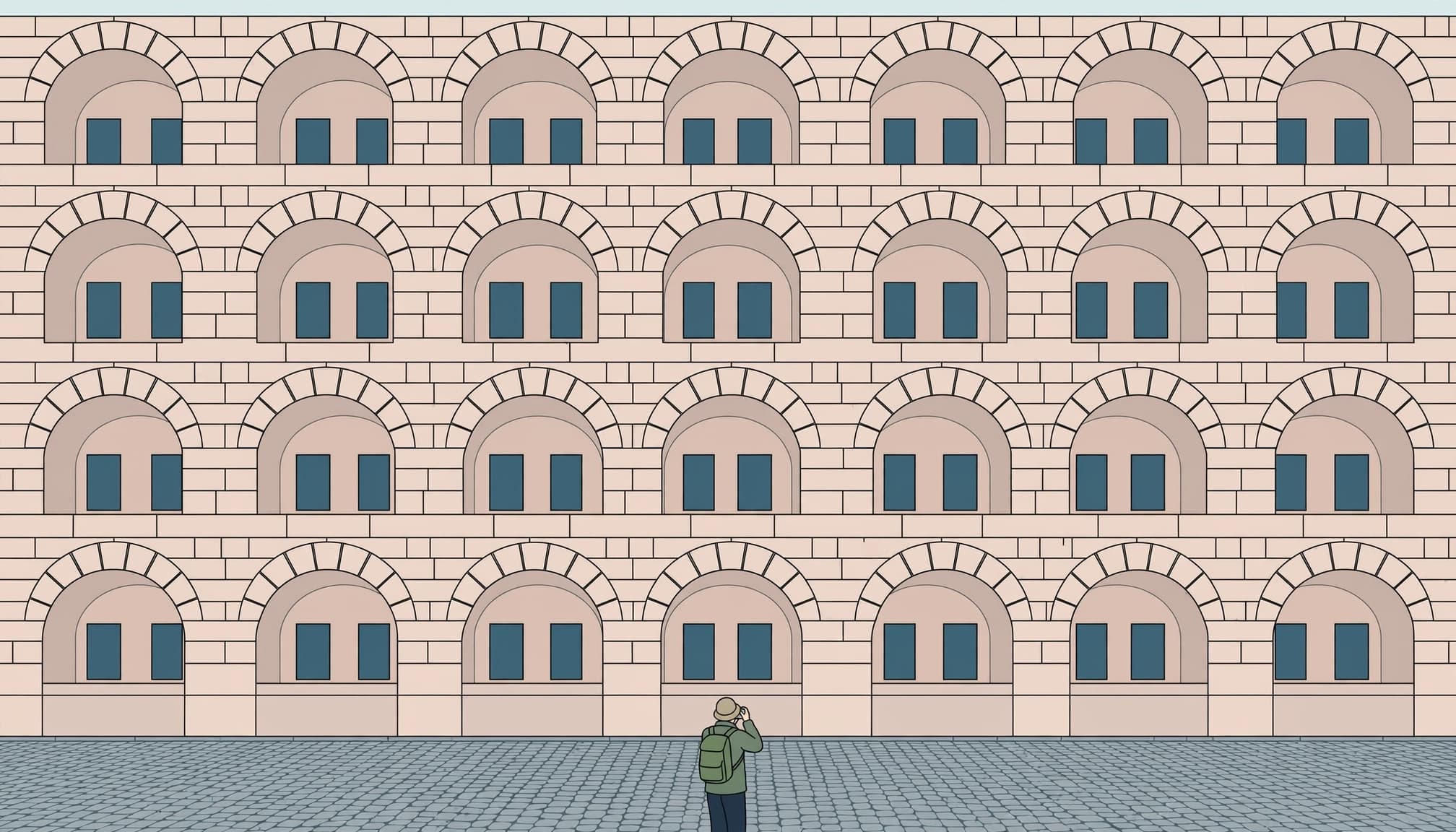 An illustrated tourist with a green backpack photographs a stone building with repeating arched windows.