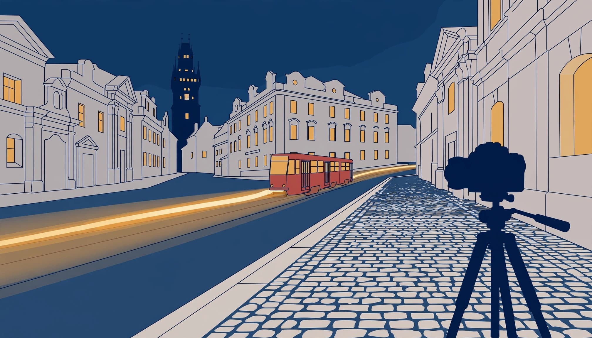 A camera on a tripod faces a red tram streaking along a cobbled Prague street.
