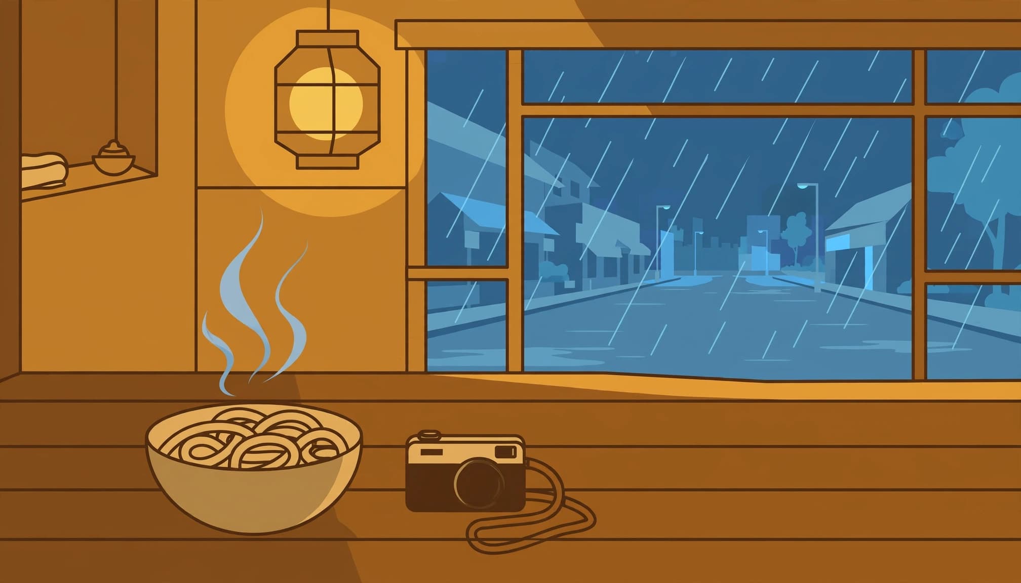An illustrated view of a bowl of noodles and a camera on a wooden counter with a rainy street outside.