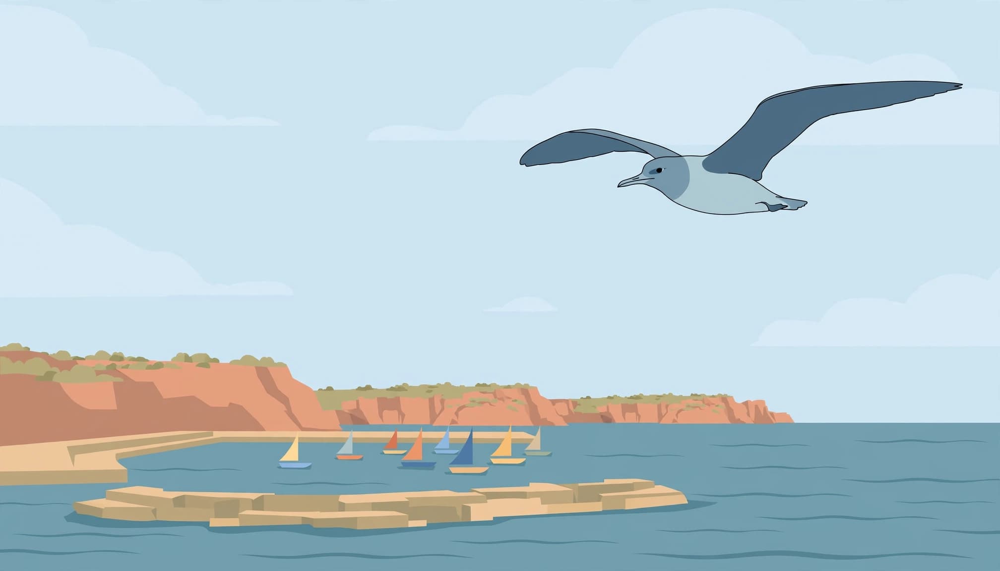 A flat 2D illustration of a seabird flying above a coastal harbor with colorful boats and red cliffs.