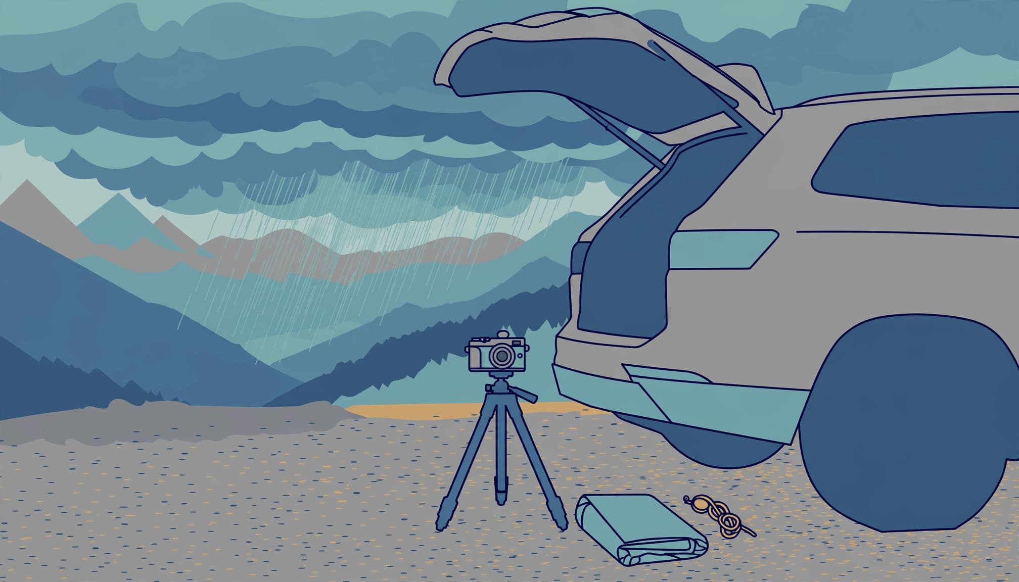 An illustrated camera on a tripod under an open car trunk facing storm clouds.