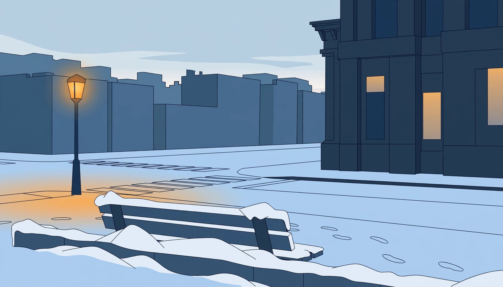 A snowy bench and curb beneath a glowing streetlamp beside a dark building.