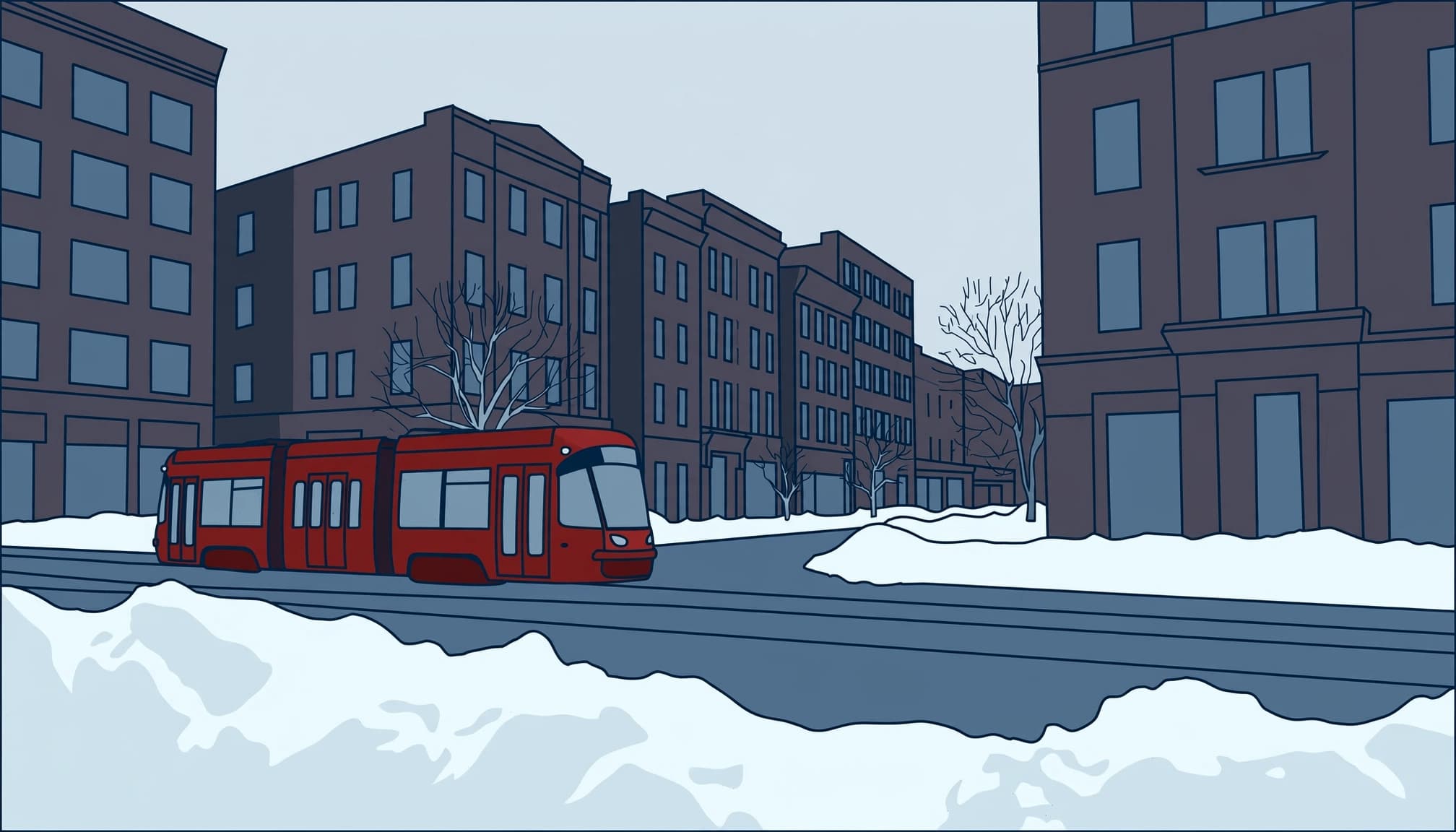 A red tram passes brick buildings along a snow-covered city street.