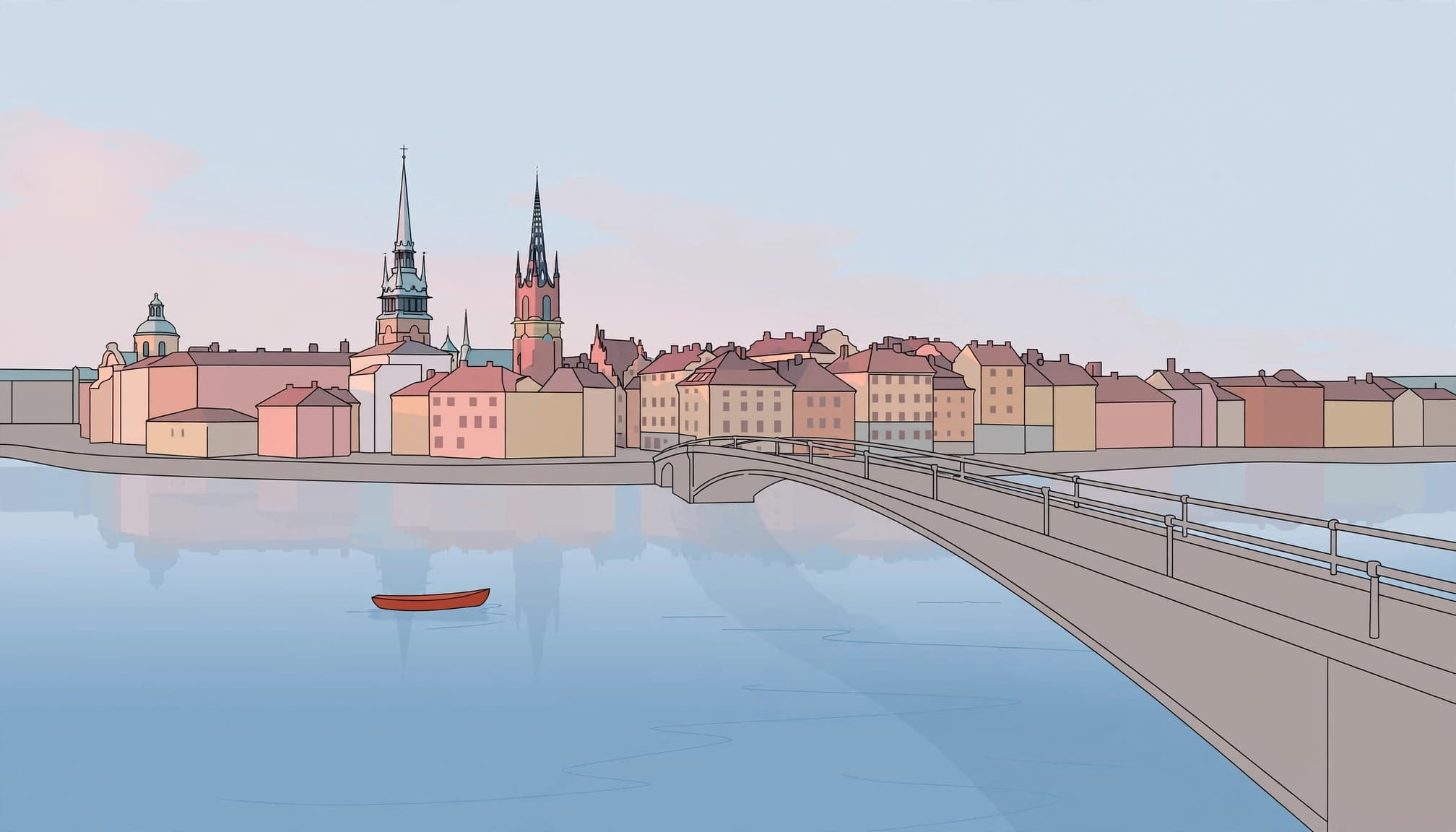 An arched bridge leads across blue water toward Stockholm's old town, with one red boat nearby.