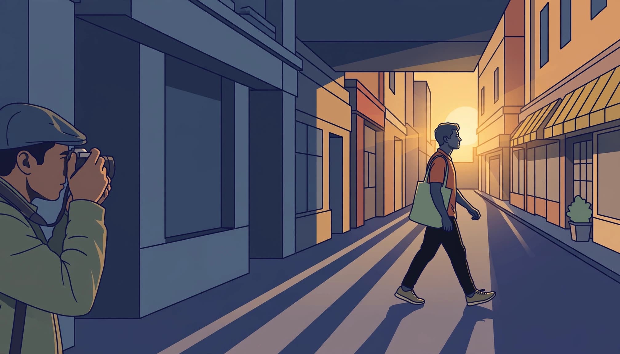 A street photographer takes a picture of a passerby walking down a sunny urban street.