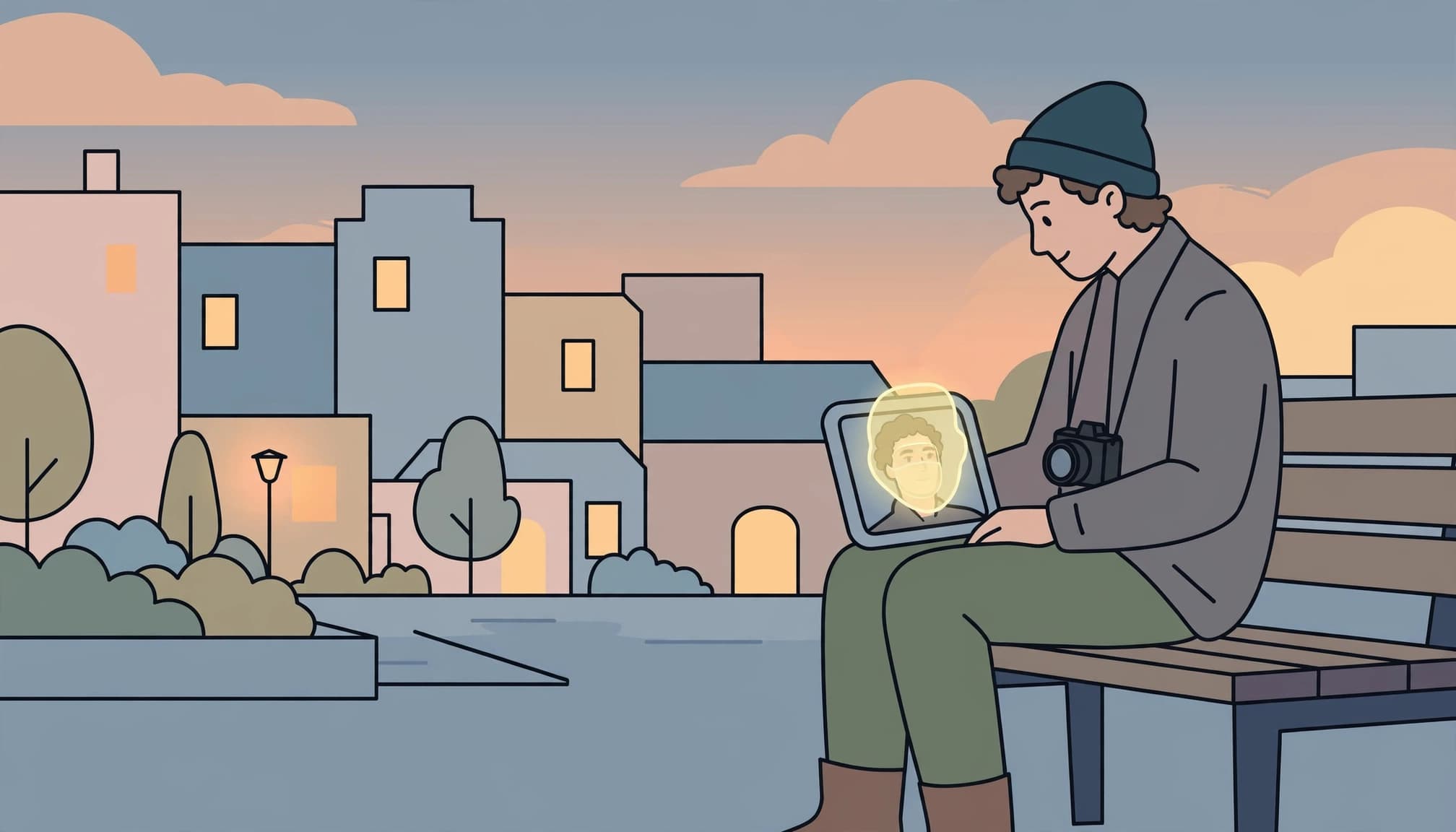 A flat illustration of a person sitting on a bench holding a laptop showing a portrait.