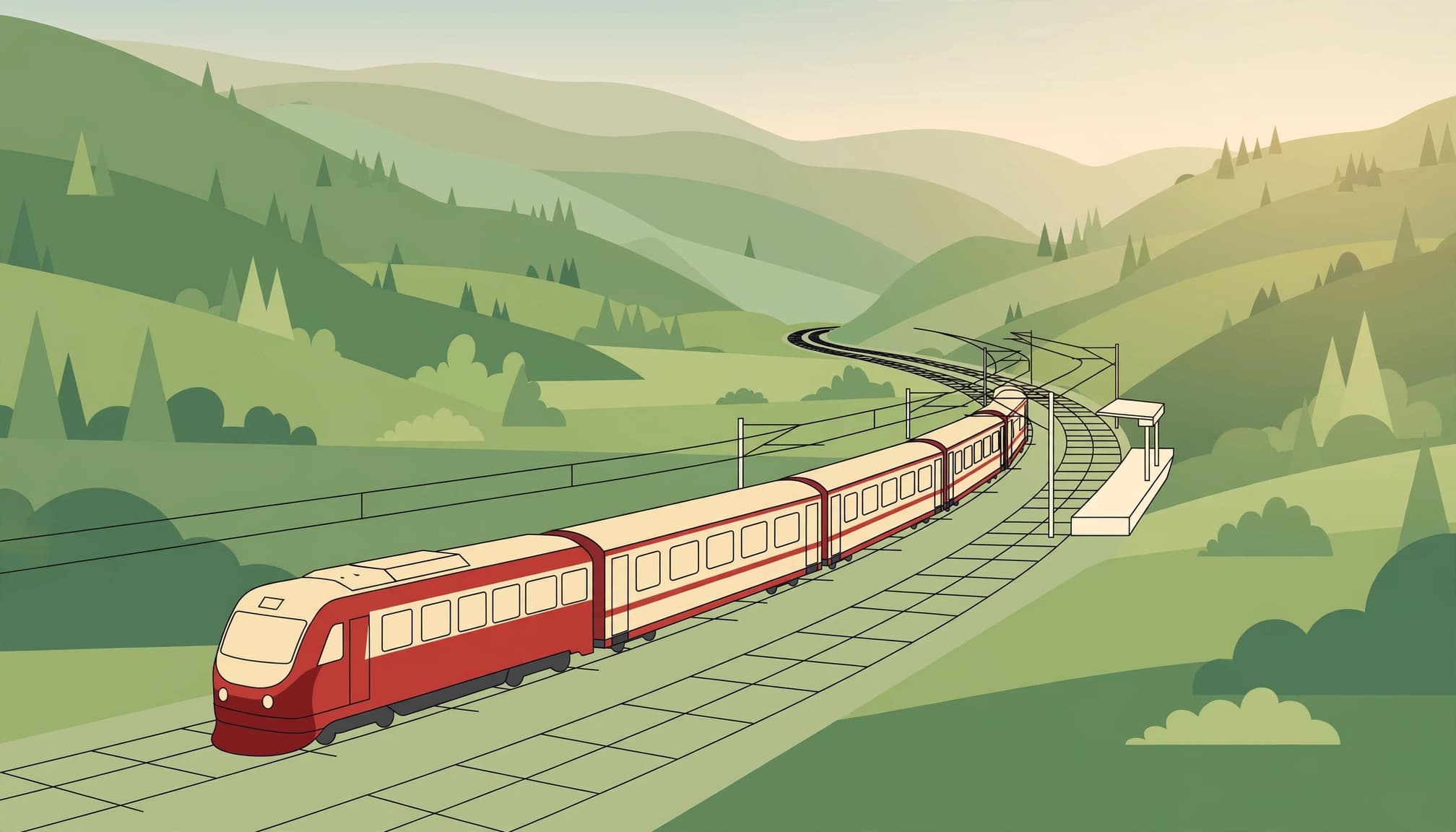 A red and cream passenger train rounds a bend through a green mountain valley with a small station.