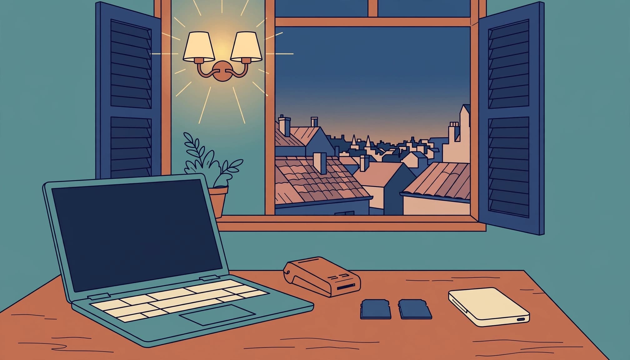 An open laptop and backup storage sit on a table beneath a window overlooking rooftops at dusk.