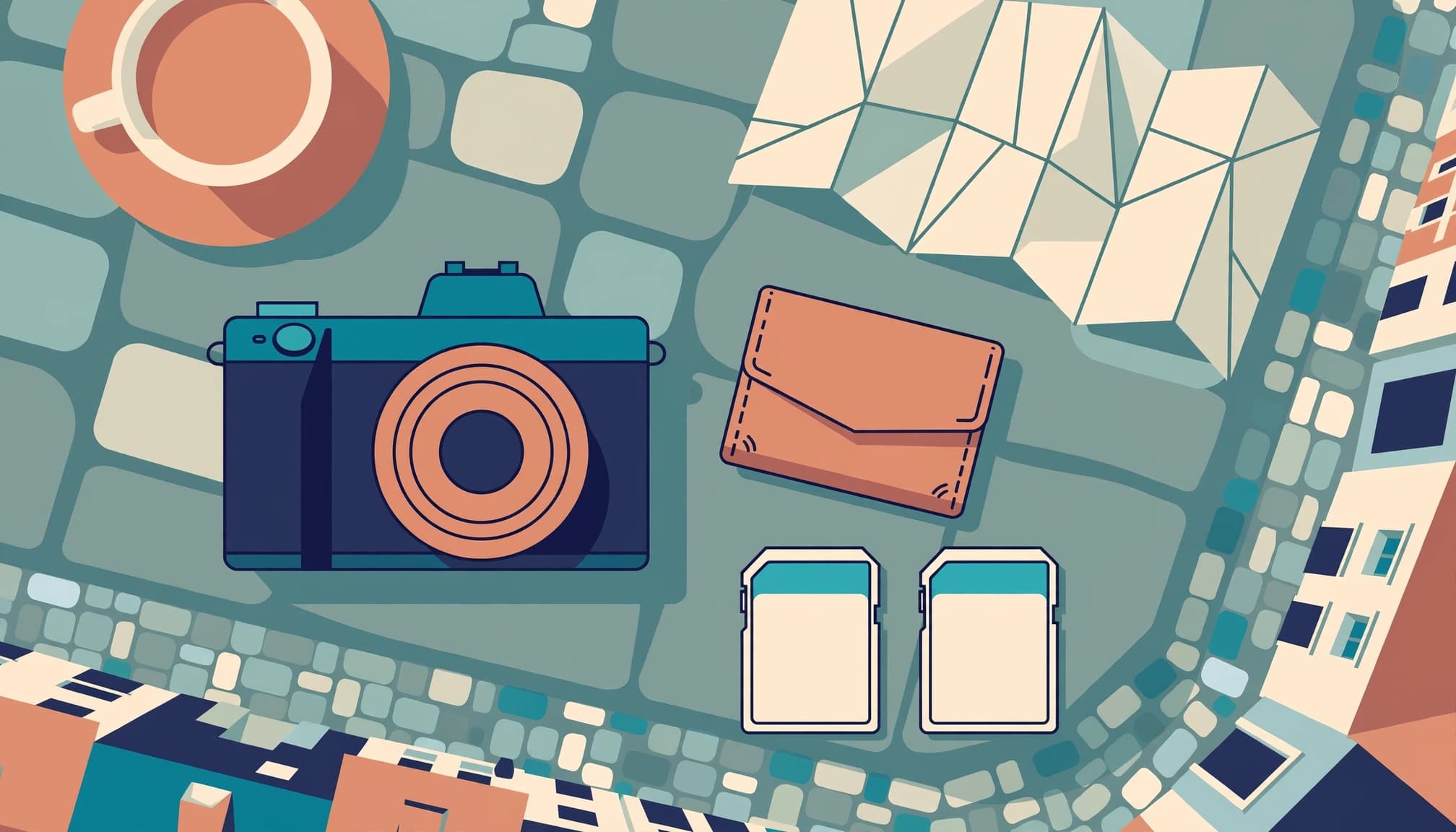 Two memory cards, a card wallet, and a camera on a sunny cafe table.