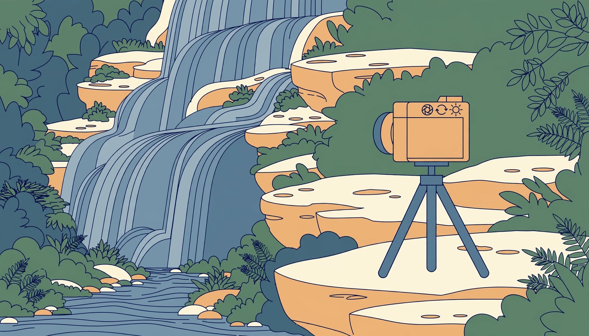An illustration of a camera on a tripod facing a waterfall in a forest.
