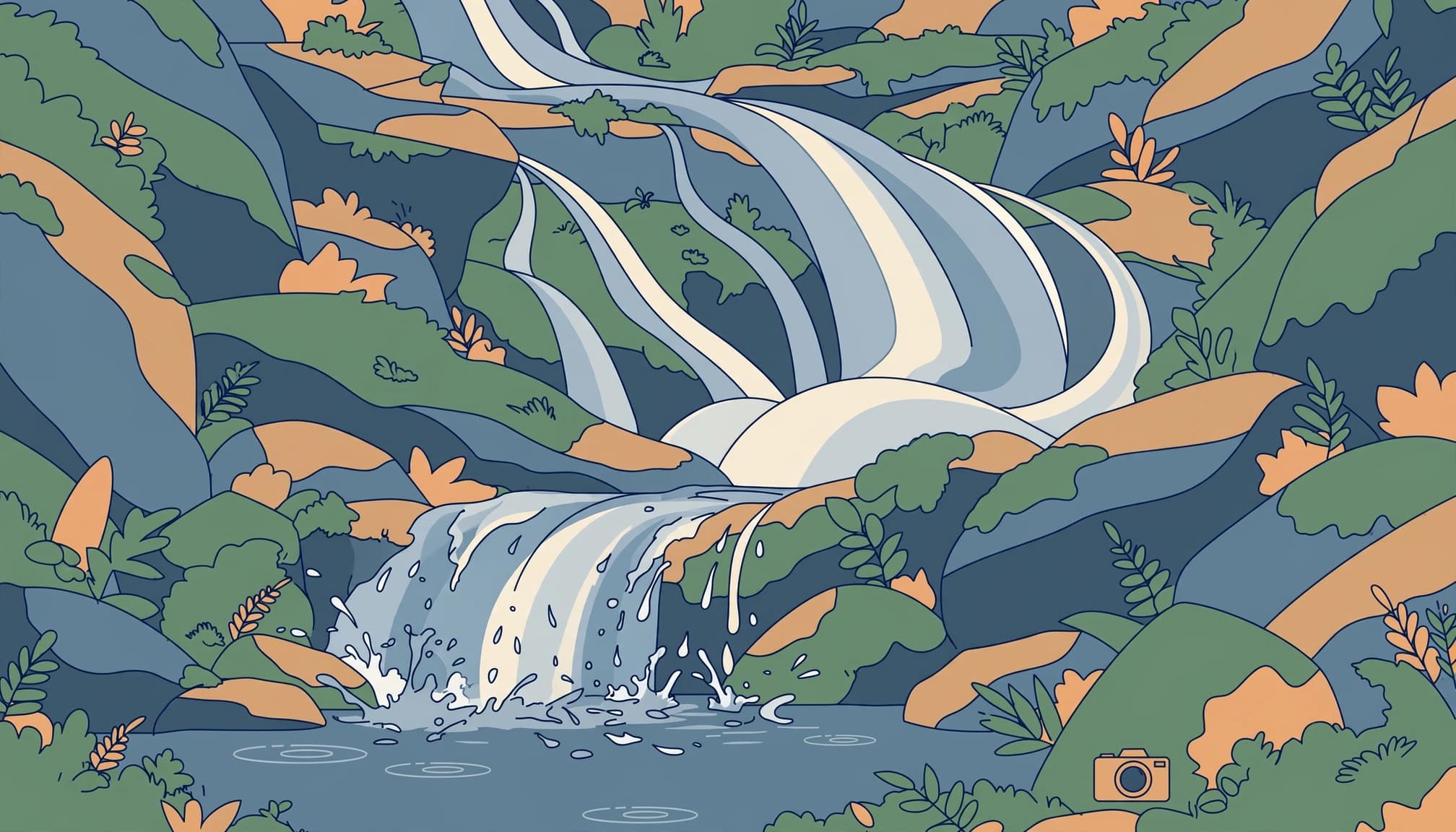A 2D vector illustration of a woodland waterfall with smooth upper streams and a splashing lower cascade.
