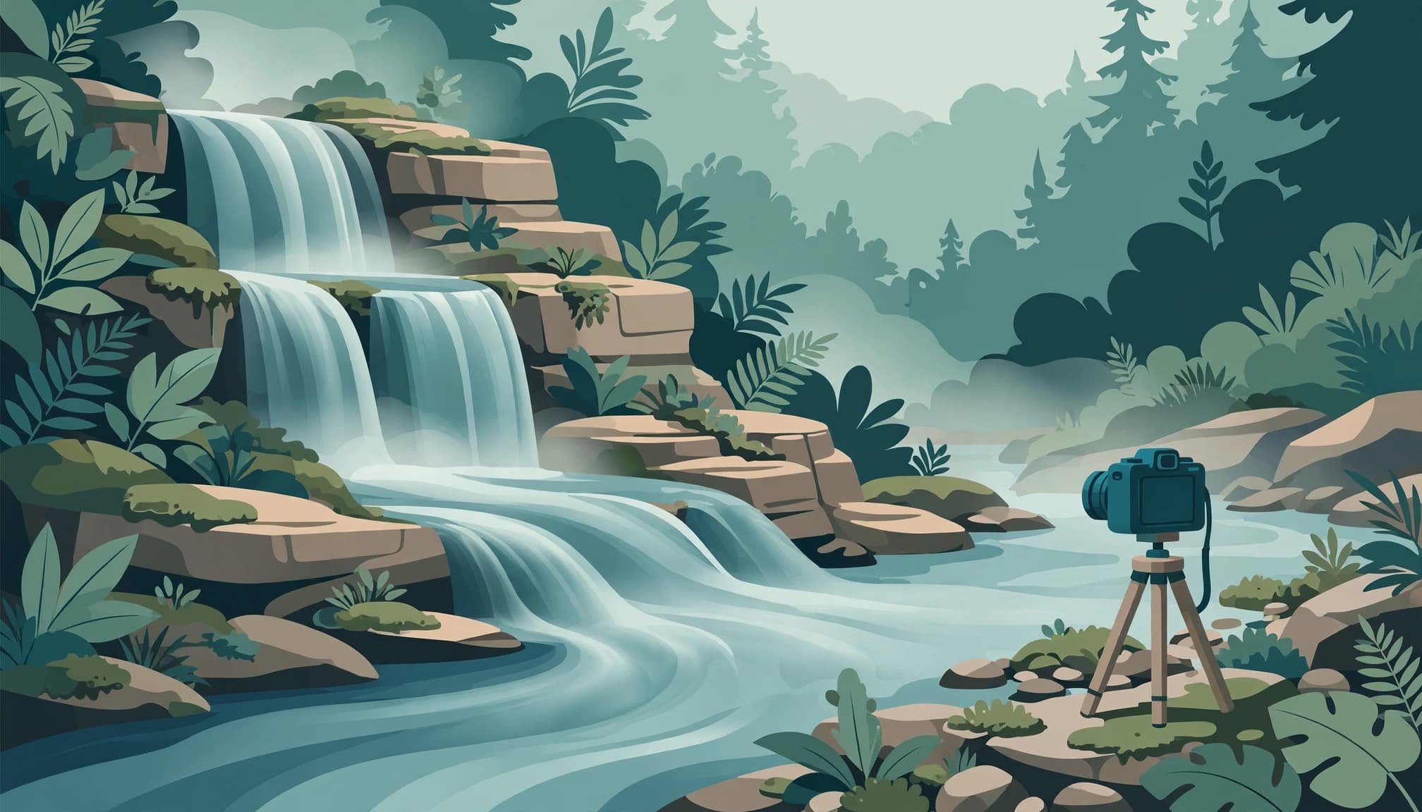 A 2D illustration of a camera on a tripod facing a tiered waterfall in a forest stream.