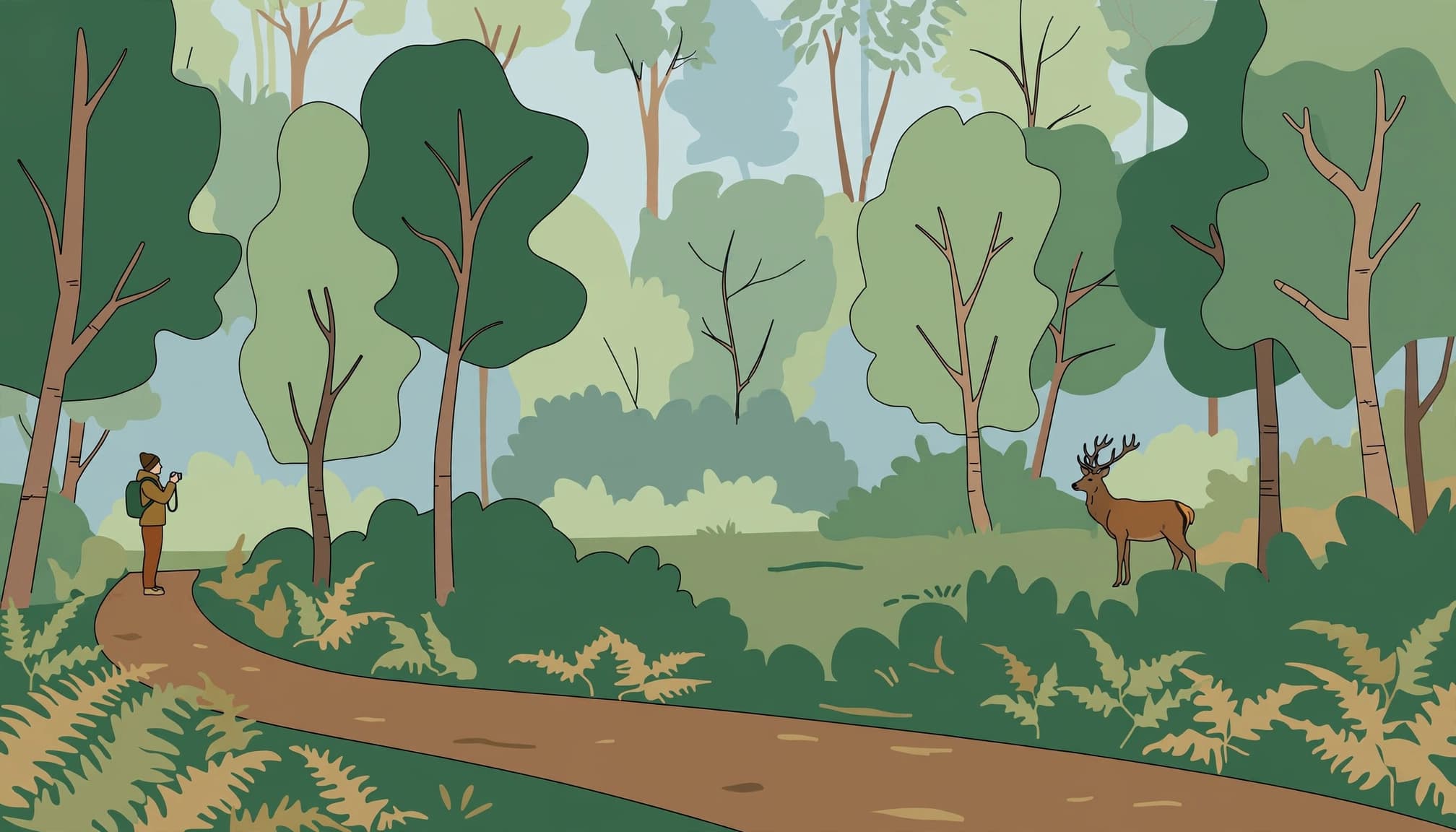 A photographer on a forest path observes a deer at a distance.